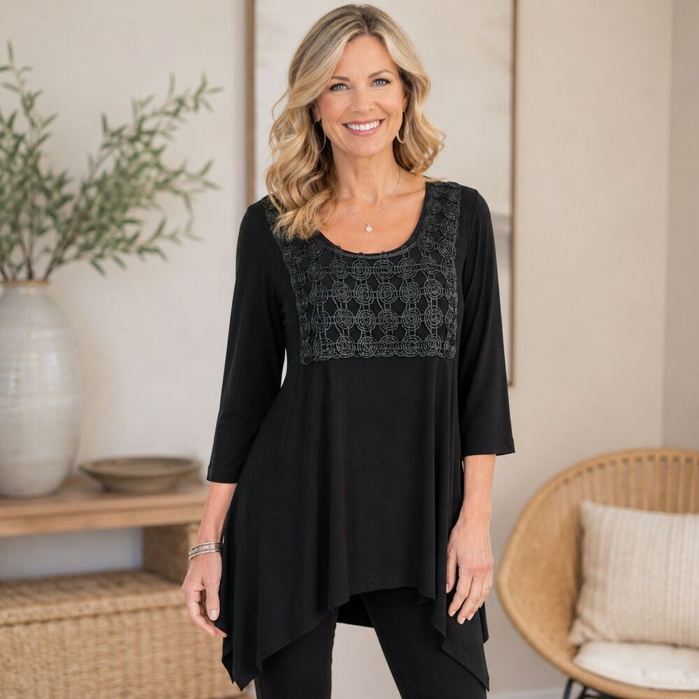 Caroline Rose Black Swing Tunic Top Asymmetric Hem Rosette Applique Artwear S